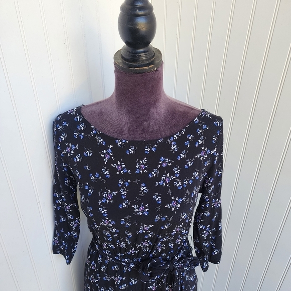 Gap Black Blue Floral Print Faux Wrap 3/4 Sleeve Ladies Dress Ruffle Petite XS - Picture 2 of 14